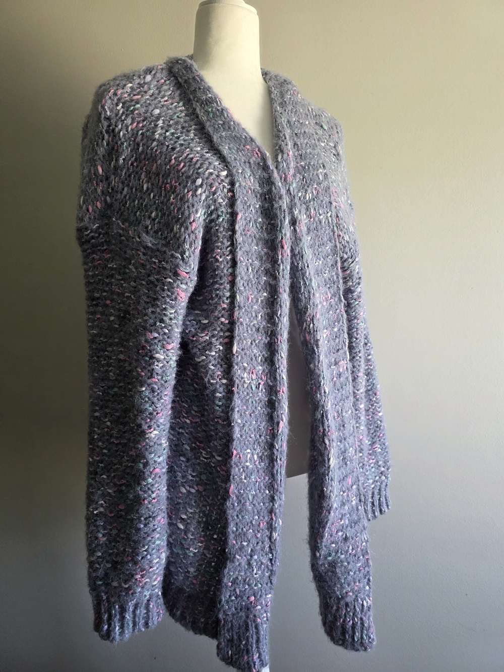 Women’s Blue Gray Confetti Fuzzy Knit Open Front Cardigan Sweater Cozy